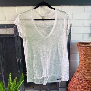 Free People Distressed White V-Neck Tee